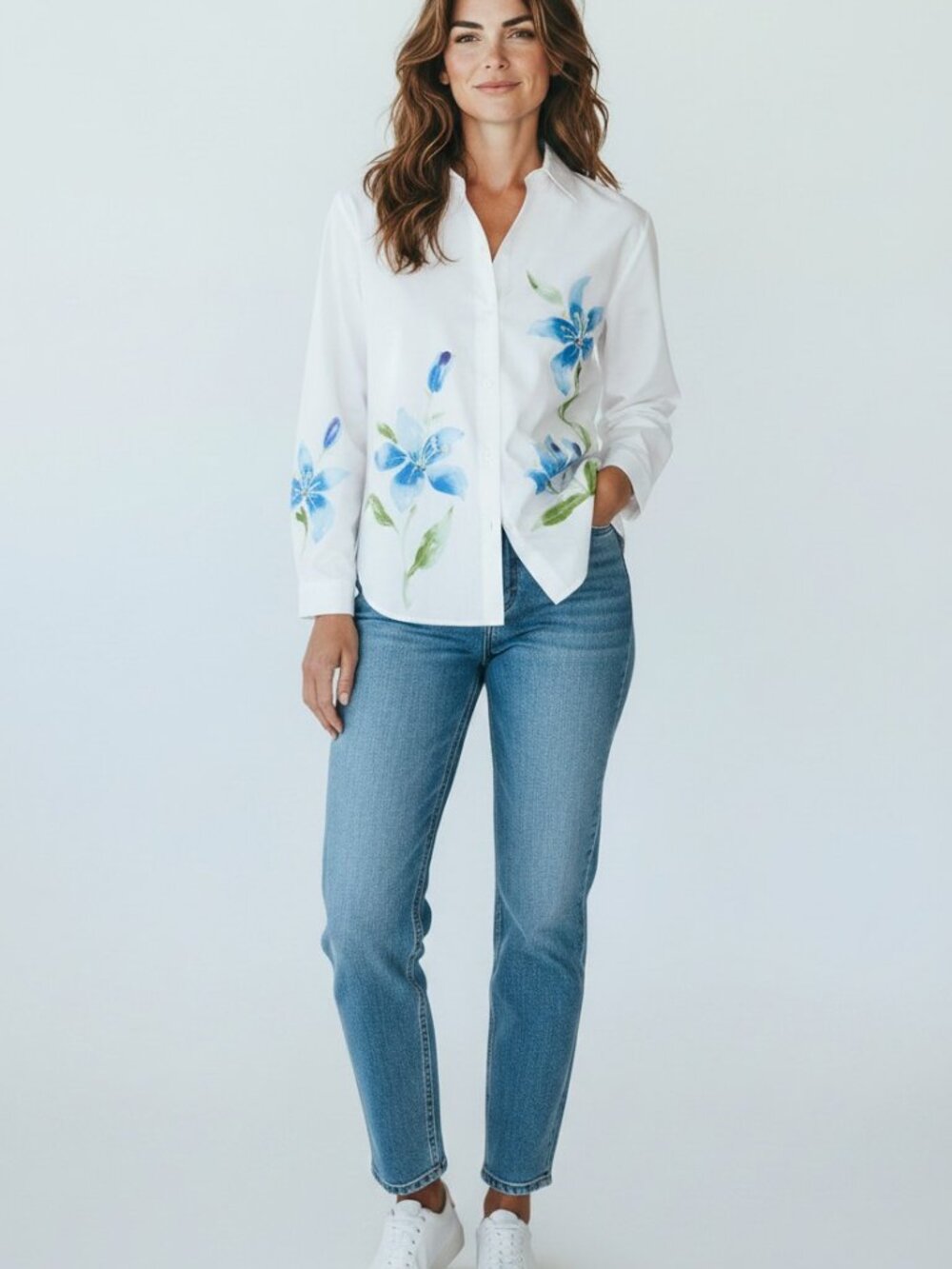 Womens L White Floral Beaded Blouse Button Up Tropical Flower Classic Cotton